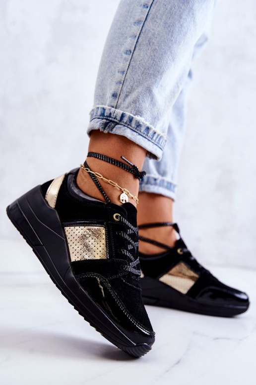 Femenino de gamuza zapatillas en una cuña de color negro Larson