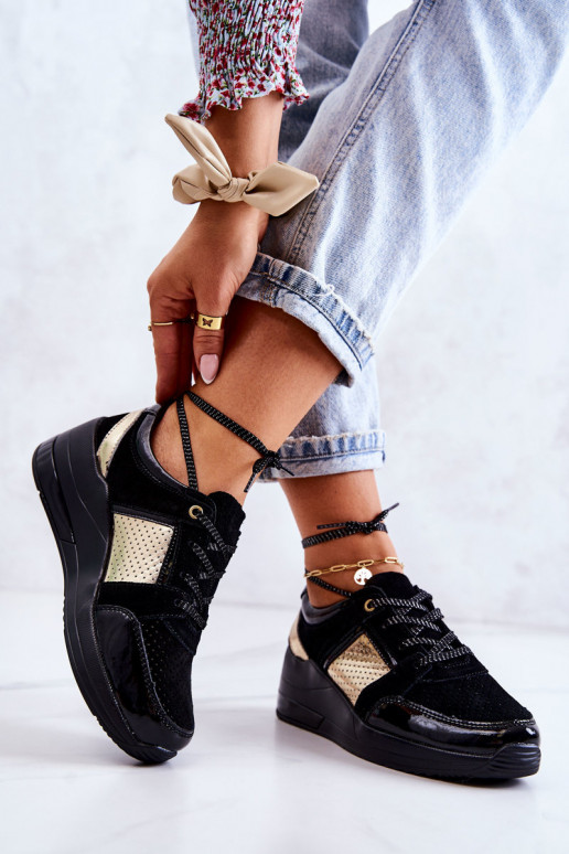 Femenino de gamuza zapatillas en una cuña de color negro Larson