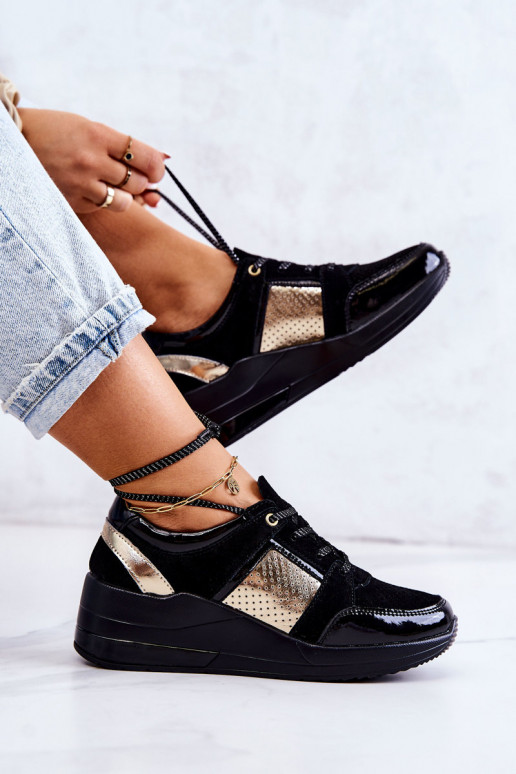 Femenino de gamuza zapatillas en una cuña de color negro Larson