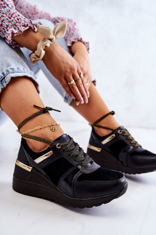 Femenino de gamuza zapatillas en una cuña de color negro Larson