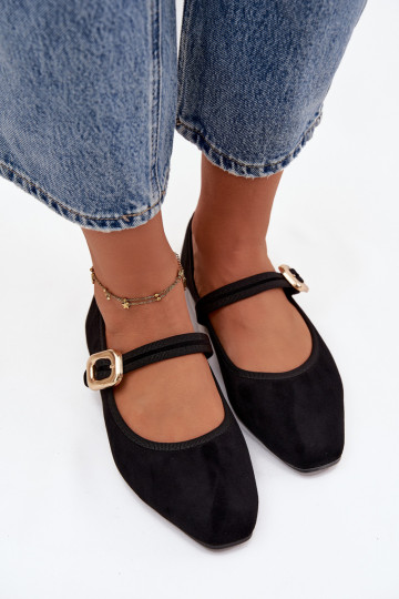 bailarinas con correas I Złotą con hebillas de gamuza ecológicaoAe de color negro Adelora