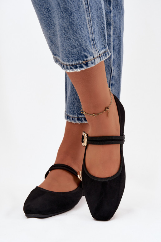 bailarinas con correas I Złotą con hebillas de gamuza ecológicaoAe de color negro Adelora