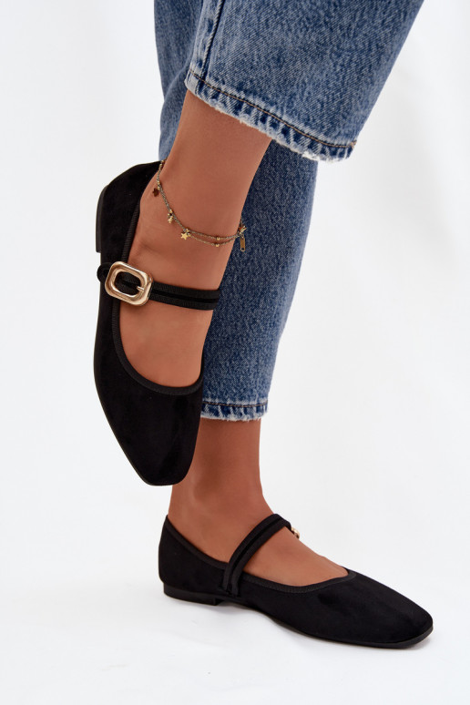 bailarinas con correas I Złotą con hebillas de gamuza ecológicaoAe de color negro Adelora