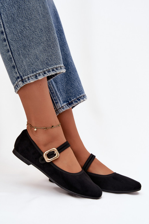 bailarinas con correas I Złotą con hebillas de gamuza ecológicaoAe de color negro Adelora