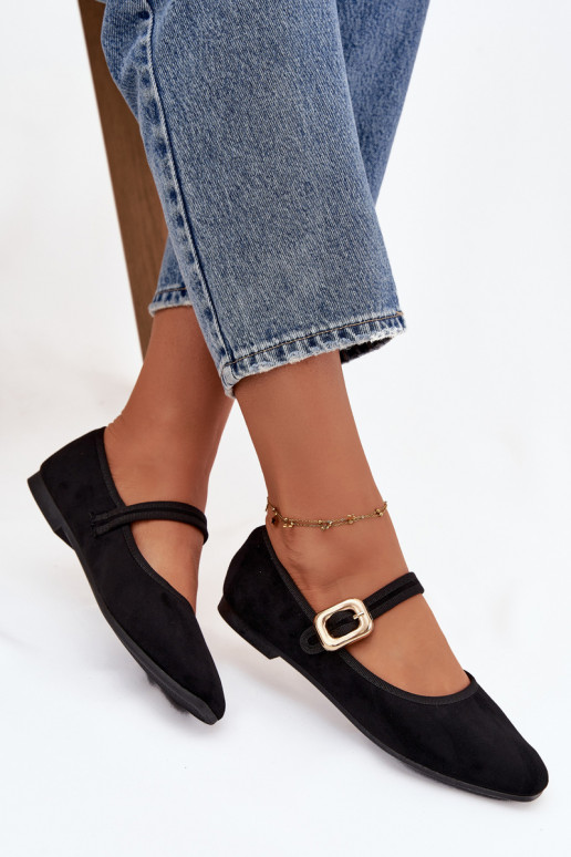 bailarinas con correas I Złotą con hebillas de gamuza ecológicaoAe de color negro Adelora