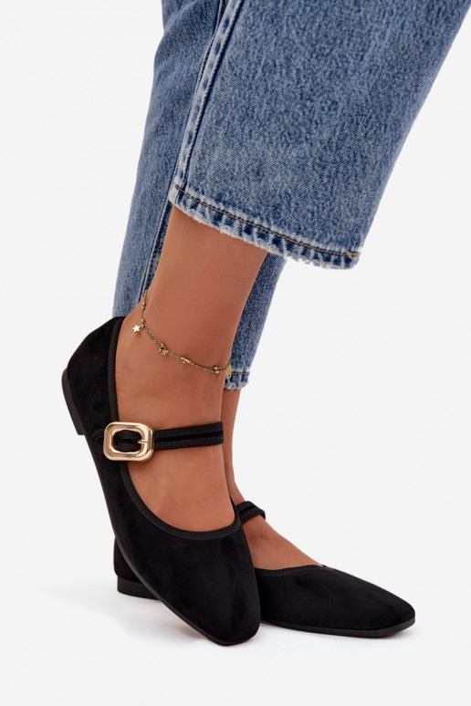 bailarinas con correas I Złotą con hebillas de gamuza ecológicaoAe de color negro Adelora