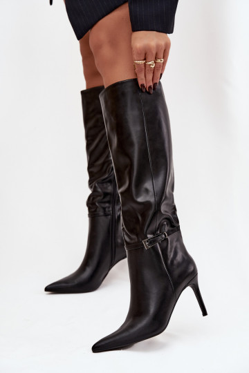 Botas largas de mujer con tacones delgados y correas color negro Lisanne