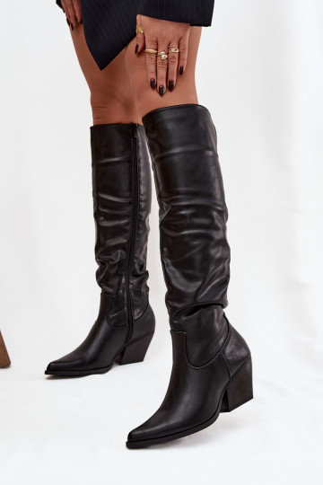 Botas largas de estilo cowboy con tacones, volantes, y forro térmico color negro Rosvian 2