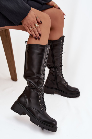 Botas largas de mujer de imitación de cuero con cordones color negro Novissa