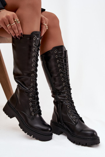 Botas largas de mujer de imitación de cuero con cordones color negro Novissa 2
