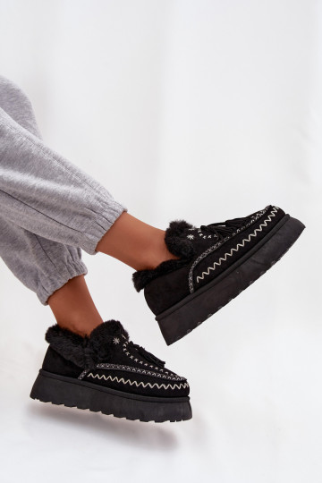 Botas de nieve de mujer con plataforma, forro de piel y pompones color negro Ferayne