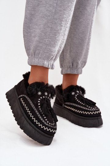 Botas de nieve de mujer con plataforma, forro de piel y pompones color negro Ferayne 2