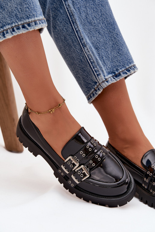 mocasines de mujer con efecto barniz con rayas I color platami con hebillasmi de color negro Gabrisse