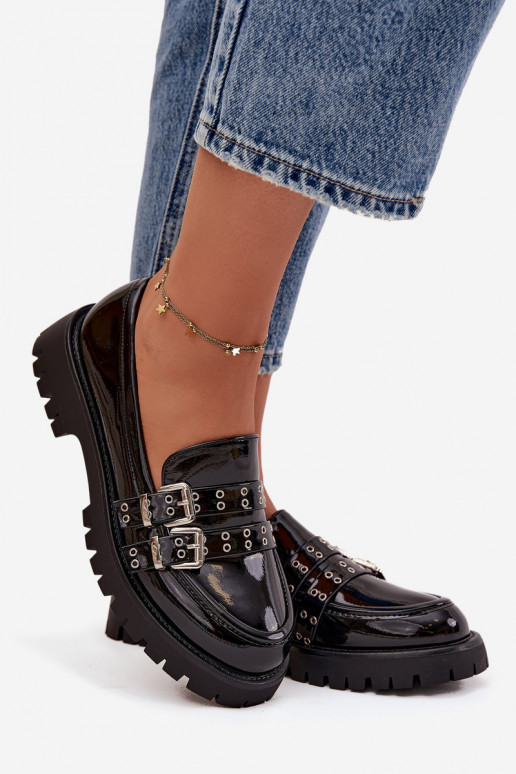 mocasines de mujer con efecto barniz con rayas I color platami con hebillasmi de color negro Gabrisse