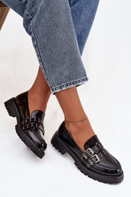 mocasines de mujer con efecto barniz con rayas I color platami con hebillasmi de color negro Gabrisse