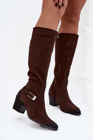 Piel de gamuza botas con tacones con hebillas calentamiento Zazoo 70156 CzekoladoAe 2