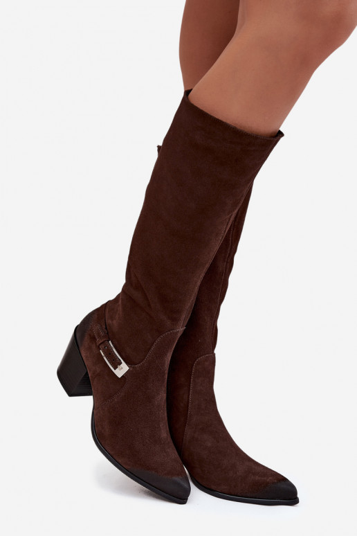Piel de gamuza botas con tacones con hebillas calentamiento Zazoo 70156 CzekoladoAe