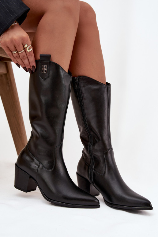 Piel botas estilo vaquero con tacones calentamiento Zazoo 70155 de color negro