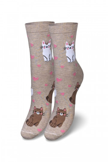 Medias Femenino gatos I con corazones beige