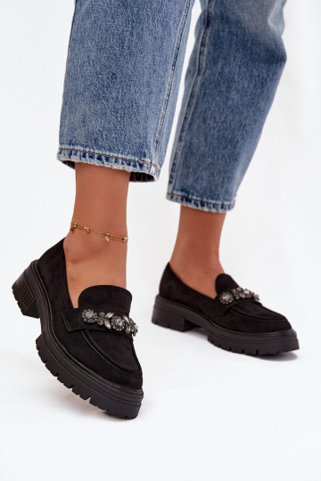 mocasines de mujer con ojos brillantes de gamuza ecológicaoAe de color negro Lavisse