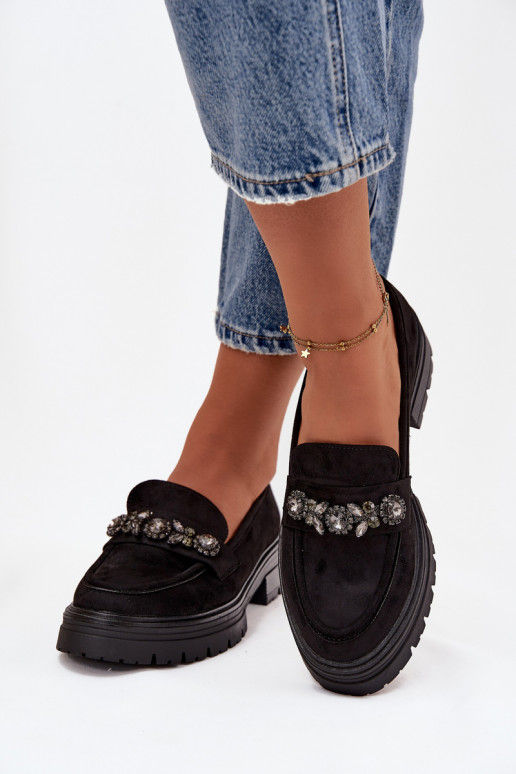 mocasines de mujer con ojos brillantes de gamuza ecológicaoAe de color negro Lavisse