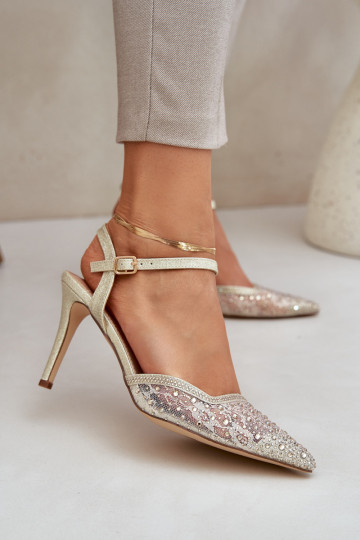 Decorado zapatos de tacón alto con el talón abierto color dorado Activadonadra