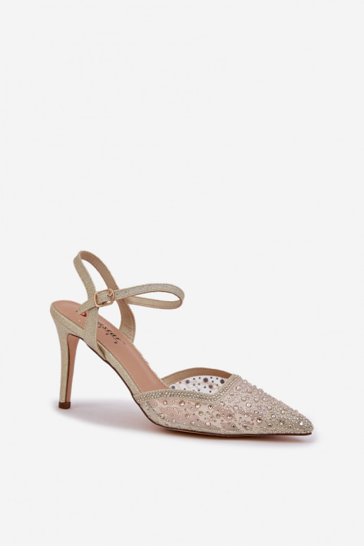 Decorado zapatos de tacón alto con el talón abierto color dorado Activadonadra