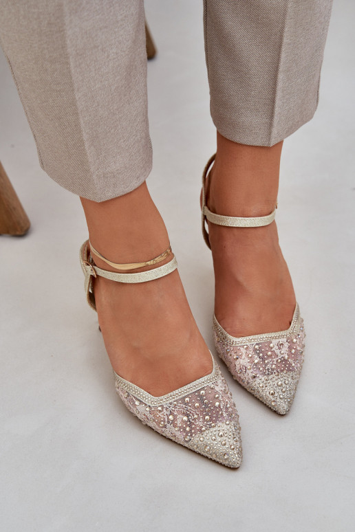 Decorado zapatos de tacón alto con el talón abierto color dorado Activadonadra