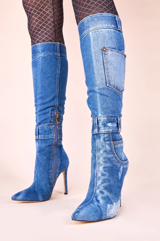 Botas largas de mezclilla con tacón y...