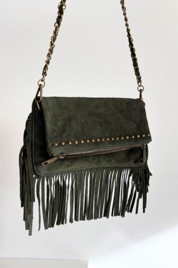 Bolso de ante sintético verde oscuro con flecos y cadena Tarella