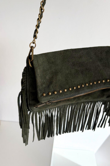 Bolso de ante sintético verde oscuro con flecos y cadena Tarella 2