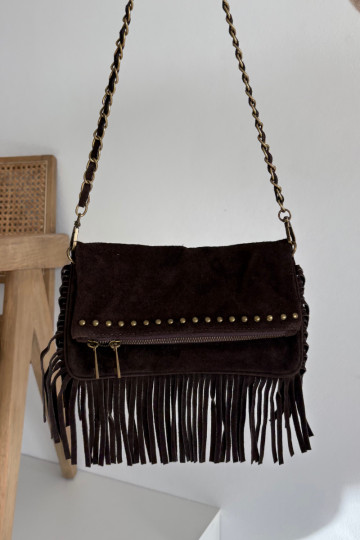 Bolso de ante sintético color chocolate con flecos y cadena Tarella