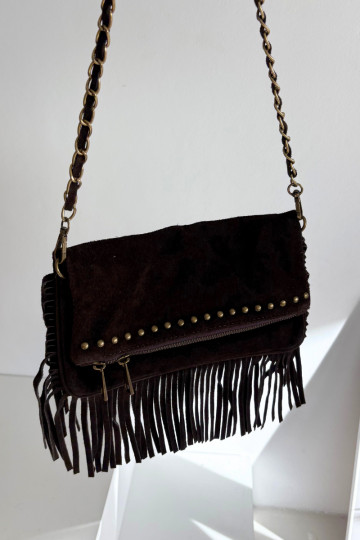 Bolso de ante sintético color chocolate con flecos y cadena Tarella 2