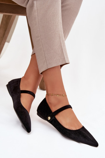 Zapatos tipo bailarina de terciopelo con tiras y detalles dorados, negros Gisanne