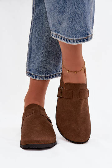 Chanclas de mujer tipo zueco con plataforma y hebillas, marrones Selio