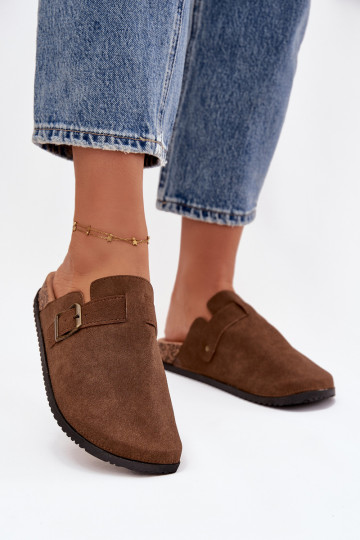 Chanclas de mujer tipo zueco con plataforma y hebillas, marrones Selio 2