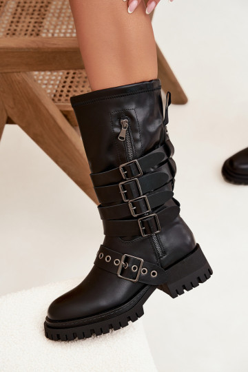 Botas largas acolchadas negras para mujer con cintas y hebillas "Ivaline"