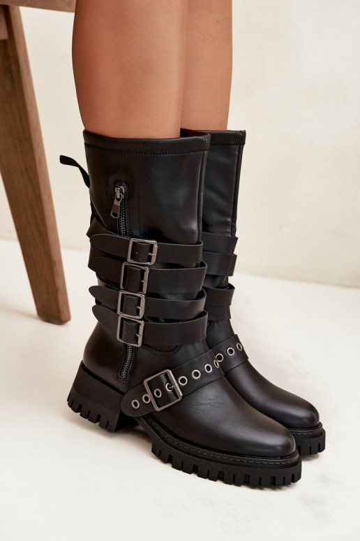 Botas largas acolchadas negras para mujer con cintas y hebillas "Ivaline"