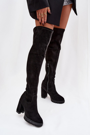 Botas de mujer de caña alta sobre la rodilla con tacones de ante negro Tahlina