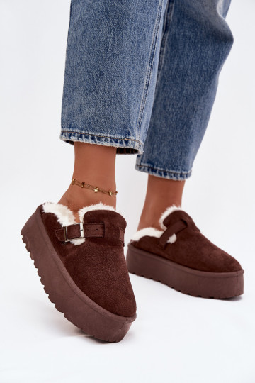 Botas de nieve color chocolate para mujer con pelo, hebillas y plataforma Jessina