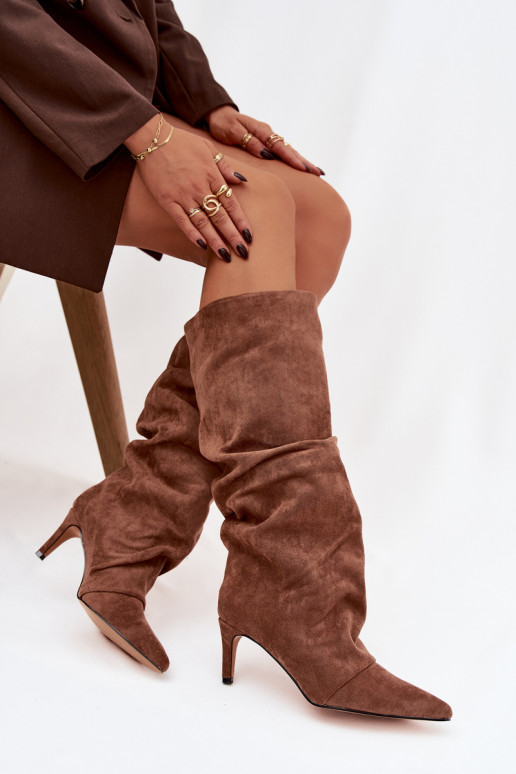 Arrugado botas con tacones finosde gamuza ecológicau calentamiento beige Tiene quevella