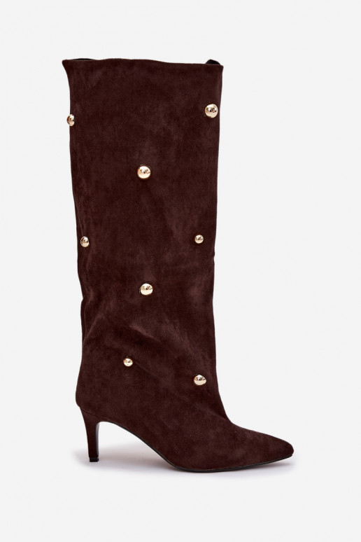 Un modelo convincente botas de mujer con tacones finos Ze color doradomi Ozdobami CzekoladoAe Thaliane