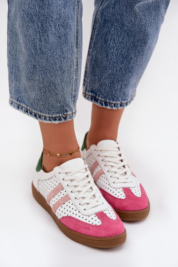 Zapatillas deportivas de mujer Zazoo N1318 en color blanco-rosado con elementos de calado de piel natural