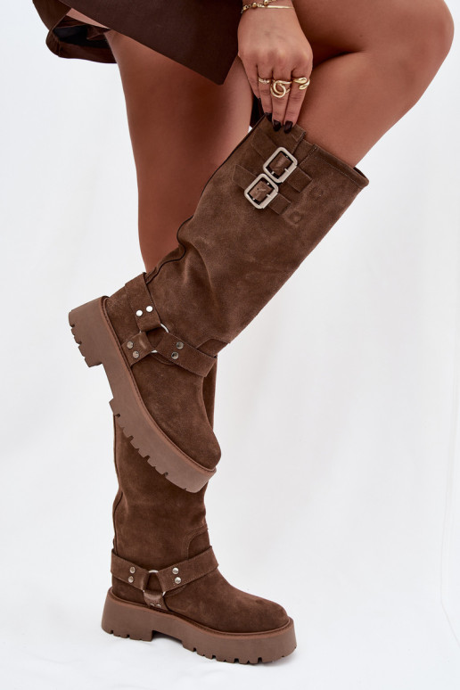 Piel de gamuza botas de mujer con hebillas calentamiento Big Star OO274A182 beige