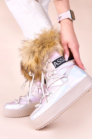 Botas de nieve plateados con tono rosado, cordones y piel Alison