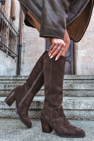 Botas de mujer de caña alta de ante con tacones y cierre, color chocolate, Lissara