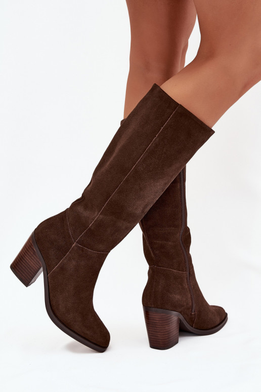 Botas de mujer de caña alta de ante con tacones y cierre, color chocolate, Lissara