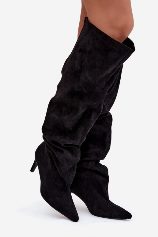 Botas de mujer de caña alta con tacones finos tipo easy-on de color negro Taivilla