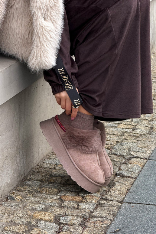 Botas de nieve para mujer con plataforma y pelo con bordado color arena Querina