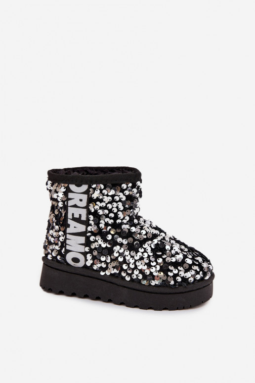 Botas de nieve infantiles con forro y escamas brillantes en negro y plata Rebbica